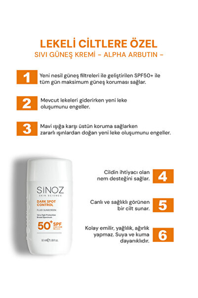 SİNOZ SPF50+ Koyu Cilt Lekelerine Etkili Sıvı Yüz Güneş Kremi-Yeni Nesil Filtreler-Hibrit Formül PA++++