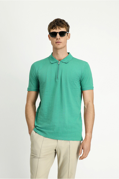 Kiğılı Slim Fit Slim Fit Cotton Patterned Zippered Polo Neck T-Shirt