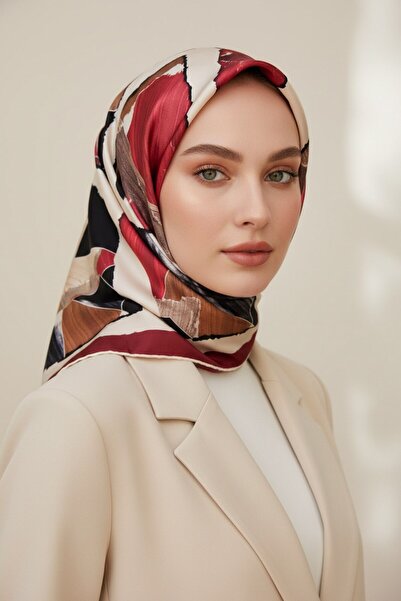 Vissona Geometric Pattern Burgundy-Beige 90X90 Scarf - 100% Twill Silk, Hand ...
