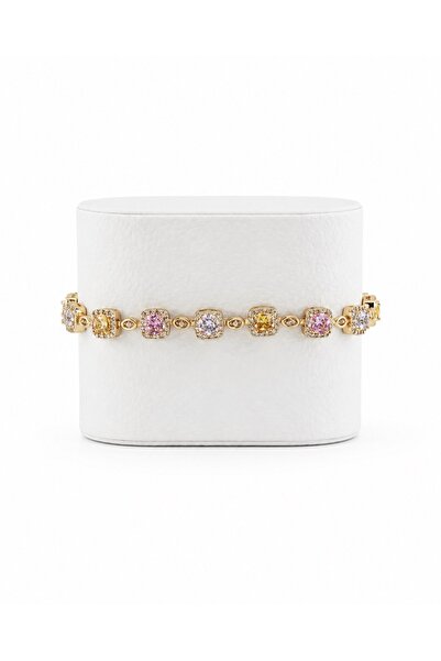 AYRA ACCESSORY Renkli Kare Taş Dizili Gold Renk Çelik Bileklik