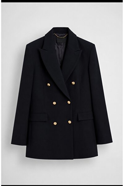 Generic Brand Plus Size Long Black Blazer Jacket with Gold Buttons
