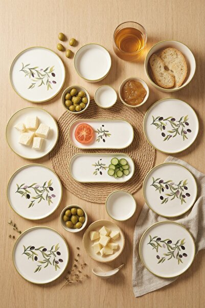 viracasa Olive 14 Parça 6 Kişilik Kahvaltı Takımı Zeytin Dalı Desenli Seramik Sunum Seti