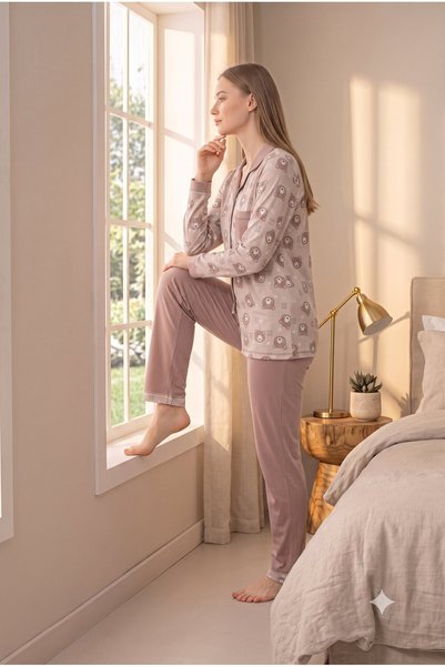 Etoile Set de pijamale pentru femei, 100% bumbac, cu mânecă lungă, cu nasturi în față 98232