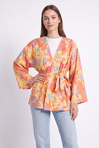 zenne Çiçek Desenli Kimono Y0167 - TURUNCU