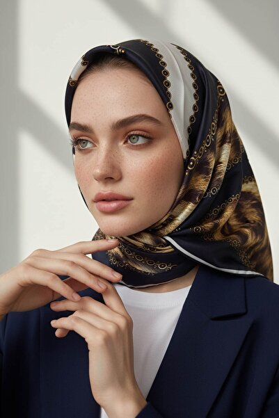 Vissona 100% Twill Silk Leopard Patterned Navy Blue - Cream Colored 90X90 Sca...