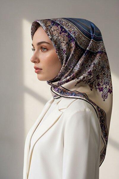 Vissona 100% Twill Silk Paisley Patterned Indigo Colored 90X90 Scarf Sewing S...