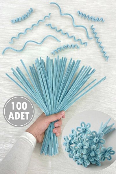 ZEYMERADE Buz Mavi Şönil 30cm, 100 Adet Tüylü Kadife Tel Peluş, El İşi, Çiçek...