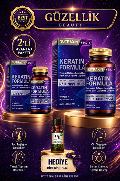 Nutraxin 2 Adet Keratin Formula Hair Nails Skin Takviye Edici Gıda 60 Adet Ta...