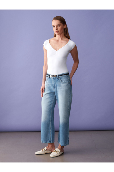 Dilvin 72317 100% βαμβακερό κοντό τζιν παντελόνι με χαμηλή μέση γραμμή - Μπλε