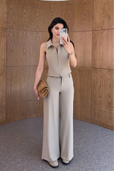 My Blog Μπεζ Ριγέ Γιλέκο και Παντελόνι Σετ - 8430
