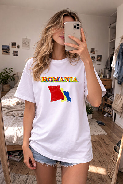 AYDESİGN Μπλουζάκι με στάμπα Romania, λευκό, με λαιμόκοψη ποδηλάτου