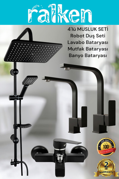 RALKEN 4’lü Batarya Seti Siyah Pirinç Banyo Lavabo Kare Mutfak Eviye Musluğu ...