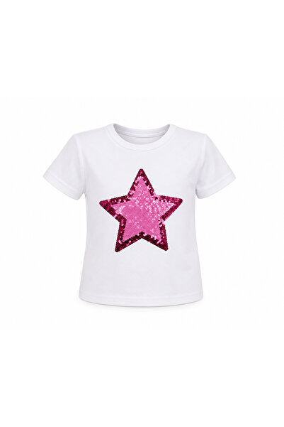 HER ŞEY NOTA www.herseynota.com Girls' Sequin Star Printed White T-Shirt Shor...