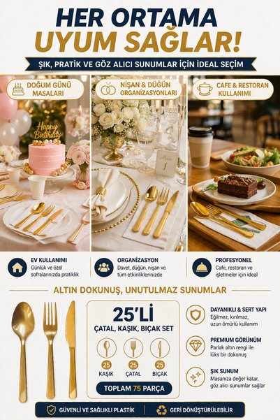 OpenCity Set of 75 Gold Plastic Forks, Spoons and Knives, Hard Luxury Disposable Party Invitation Serving Set