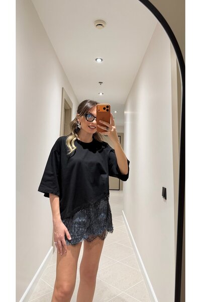 Duya Butik SİYAH ASİMETRİK DANTEL BLUZ