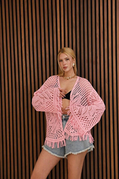 URİS Γυναικεία ροζ διάτρητη πλεκτή καλοκαιρινή φαρδιά μποέμ ζακέτα κιμονό με ...