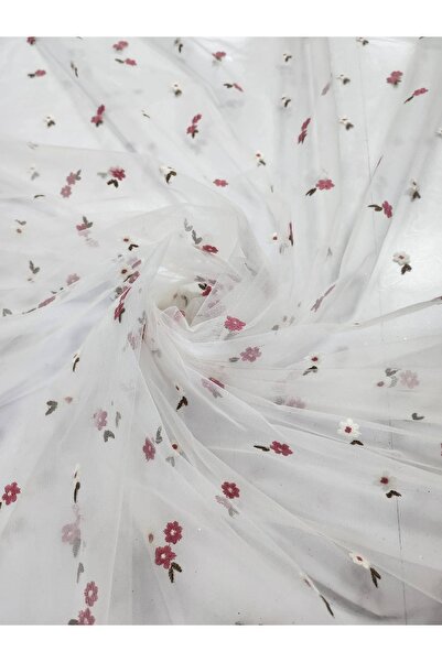 TESATURI OUTLET Tulle alb unt cu flori brodate colorate – material delicat pentru ținute de vară, lățime 150 cm