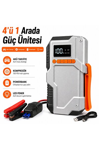 SMAYLİNG 4’ü 1 Arada Akü Takviye Cihazı 12000mAh Powerbank Kompresör 150 PSI ...