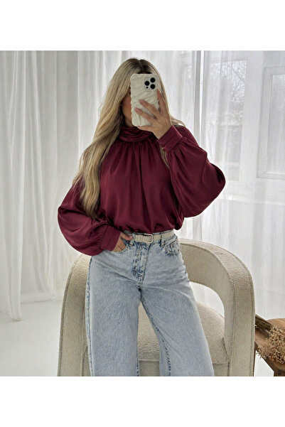 Ekim Store Σατέν μπλούζα με πλισέ μανίκια νυχτερίδας