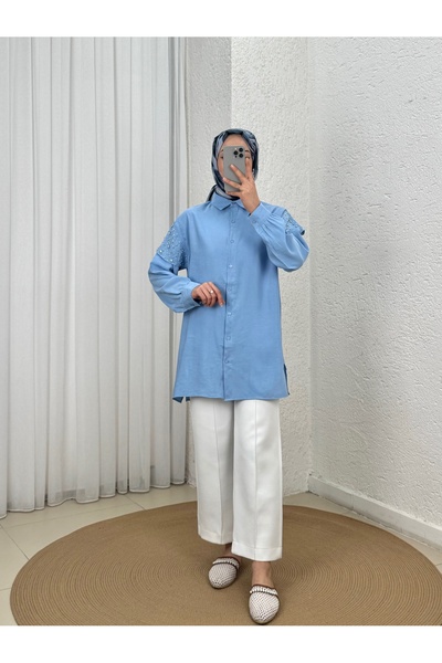 Holehola Πουκάμισο Çınar Cupra με πέτρες στους ώμους-NA868 Μπλε