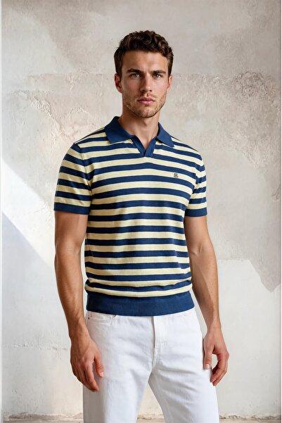 Sea Style Striped Polo Collar Men's Knitwear T-Shirt Fit Cut Summer Knit T-Shirt
