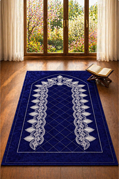 Hig Store Kapitoneli Nakışlı Çeyizlik Seccade .Lacivert.70x110 cm
