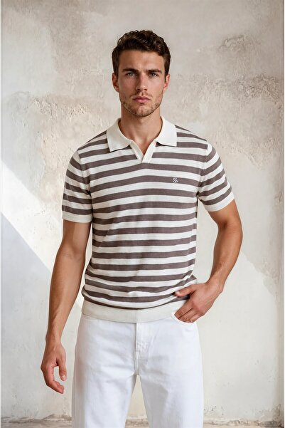 Sea Style Striped Polo Collar Men's Knitwear T-Shirt Fit Cut Summer Knit T-Shirt