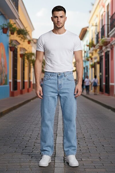 oraystore Ανδρικό ανοιχτό μπλε τζιν παντελόνι με άνετη εφαρμογή Street Style ...