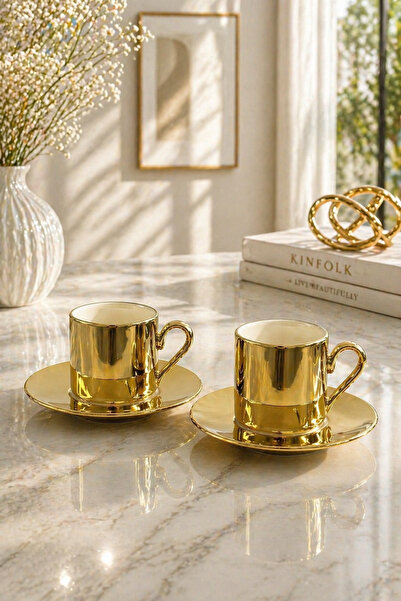 YzHome 2 Li Porselen Kaplama Yaldızlı Kahve Fincan Takımı Seti 90ml