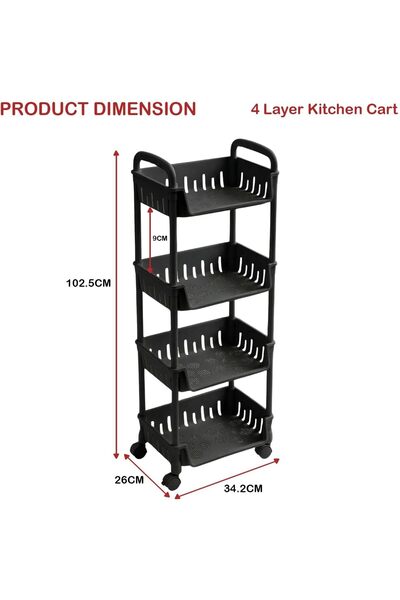 DmarQa 4 Layer Kitchen Cart Storage Trolley with Wheels, Black Plastic Rollin...