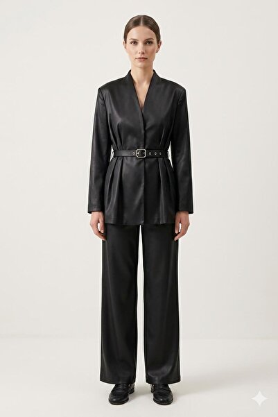 Rain and River Double-Breasted Satin Jacket with Buckle Belt