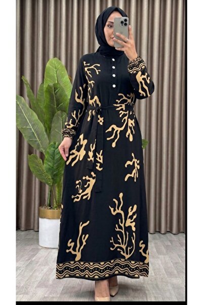 Dagü Design Women's Black Half-Buttoned Long Viscose Dress with Hijab