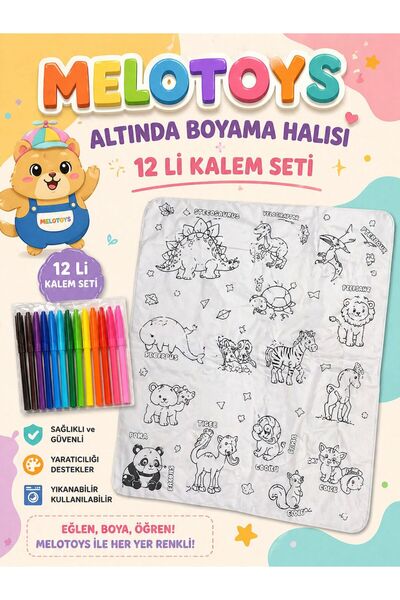 Melo TOYS Yıkanabilir Boyama Örtüsü 100*150 cm & 12 li Keçeli Kalem