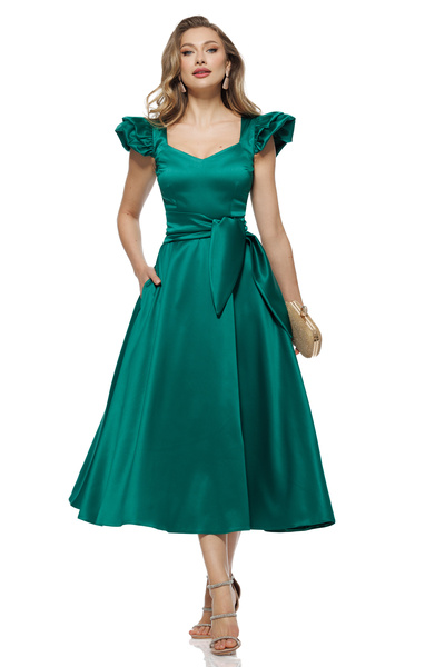 Fofy Rochie elegantă midi din tafta verde premium decoltata si volane la umeri