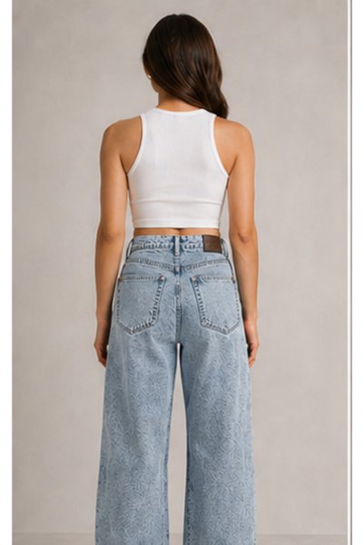 memetti m şekil Women's Light Blue Snow Washed Loose Leg Super High Waist Palazzo Jean Trousers