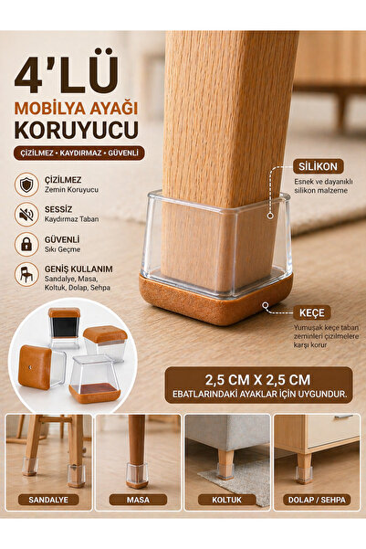 Special Action 4 Adet Silikon Keçeli Ayak Koruyucu 2.5 cm Sandalye Masa Koltu...