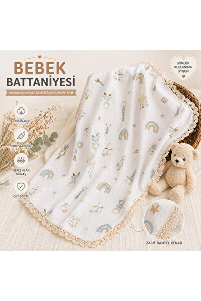 Arı Bebe Dantelli müslin çift katlı organik %100 pamuk 80-90 cm bebek battani...