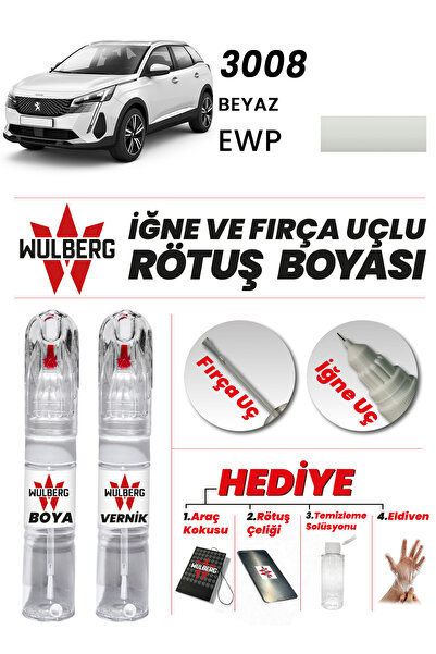 Wulberg Peugeot 3008 Beyaz EWP Rötuş Boya 25 ml + Vernik İğne & Fırça Uçlu Ka...