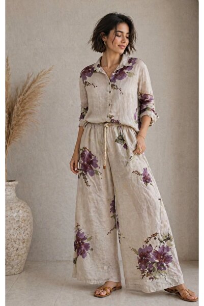 espoire butik kadın italyan keten desenli ikili takım