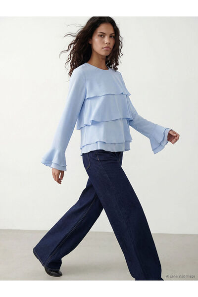 LC Waikiki Blue Crew Neck Ruffle Blouse