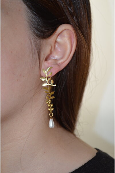 shop Gold Color Dangle Pearl Detailed Leaf Earrings