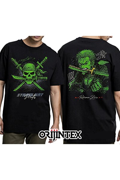 orijintex One Piece Roronoa Zoro Line Art Front and Back Printed Unisex Black...