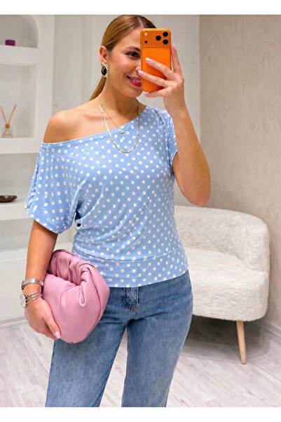 Royteks Fashion Puantiyeli kayık yaka Şık kadın Bulüz