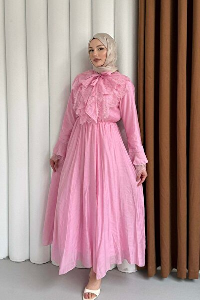 Modaensarbutik Yaka Ve Kol Dantel Fırfır Detay Tesettür Elbise-PEMBE