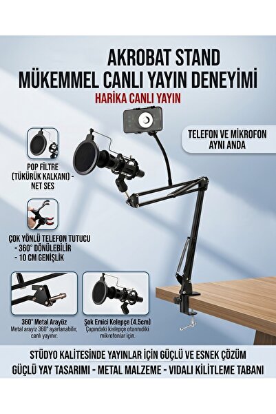asua Profesyonel Masa Tipi Akrobat Mikrofon Standı Seti - Pop Filtre ve Telef...
