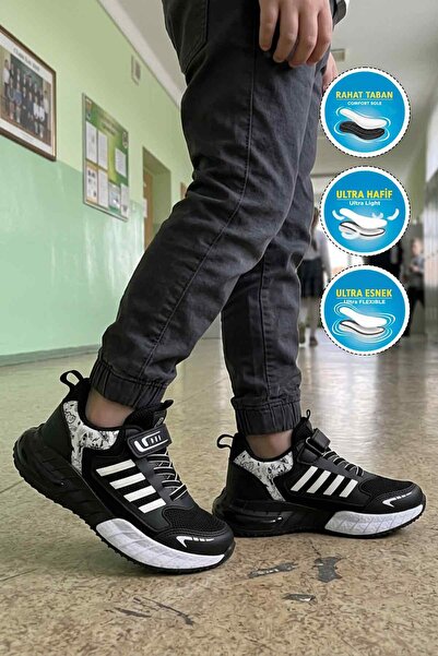WALKWAY Black and White Velcro Mesh Lightweight Boys' Sports Shoes 748 F
