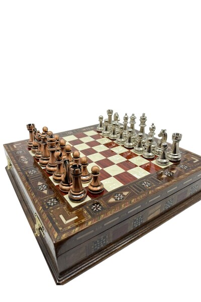 Saule El Yapımı Gül Ağacı Desenli Satranç Takımı 30x30 cm Metal Taşlı Katlana...