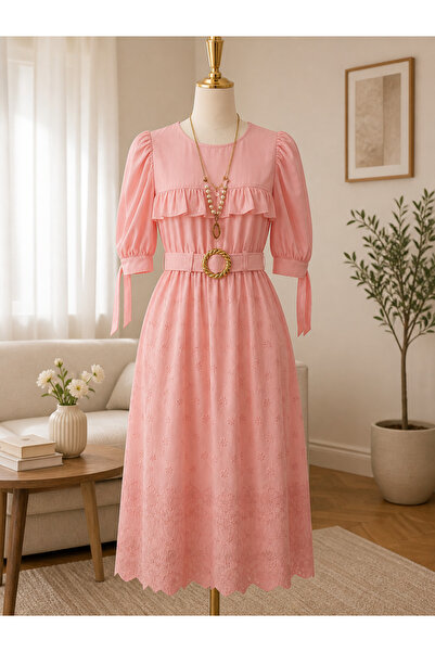 miss sofia Girl's Powder Pink Belted Embroidered Dress – Stylish Special Occa...