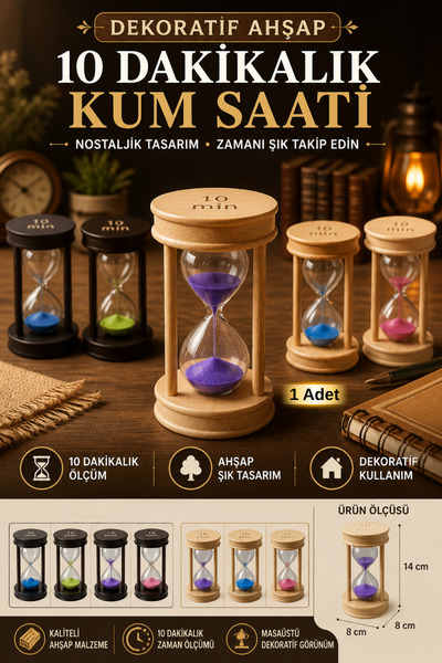 Tamsena Store Dekoratif Ahşap 10 Dakikalık Kum Saati – Nostaljik Tasarım Masa...