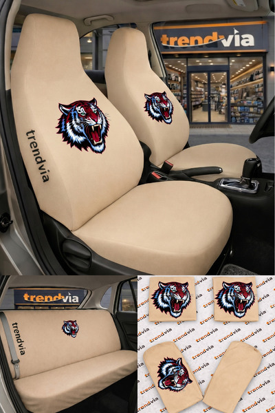 trivexa Tiger Logo Car Seat Cover Front and Rear Set – Combed Cotton Lycra Un...